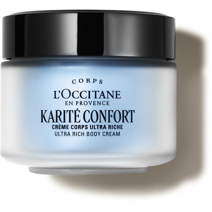 L'Occitane Shea Ultra Rich Body Cream 200ml återfuktande kroppskräm i frostad ljusblå burk med glansigt svart lock.