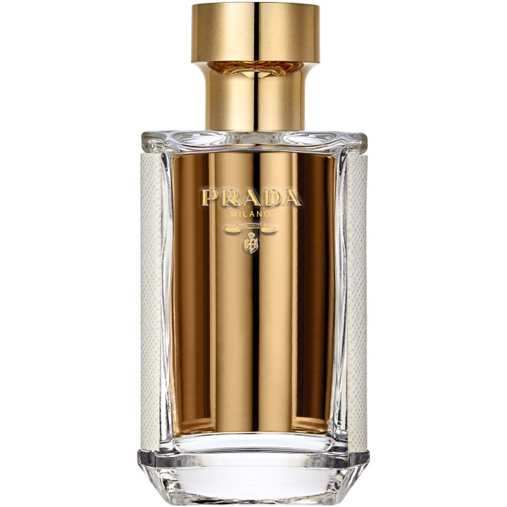 Prada La Femme Eau de Parfum 50 ml damparfym prada milano parfym bärnstenston i lyxig guldflaska med vit texturerad sida