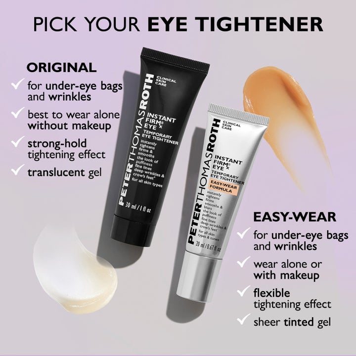 Peter Thomas Roth Instant FIRMx Eye 20 ml ögonkräm i silvrig tub med färgat gelprov bredvid.