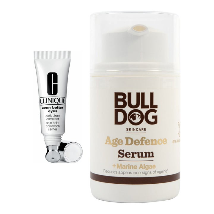 Clinique Even Better Eyes och Bulldog Age Defence Serum motverkar mörka ringar i vit tub med metalltipp och pumpflaska.