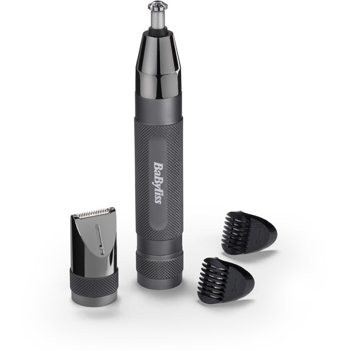 BaByliss Nose & Ear Trimmer 4-delat set ger precis ansiktstrimning i mörkgrå metallfinish med räfflat grepp.