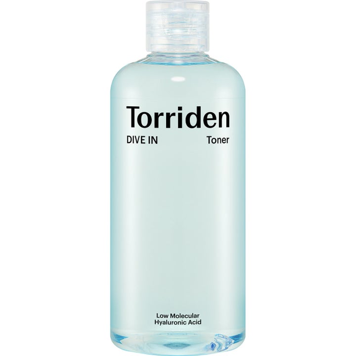 Torriden Dive In Toner 300 ml återfuktande ansiktsvatten i genomskinlig plastflaska med ljusblå vätska