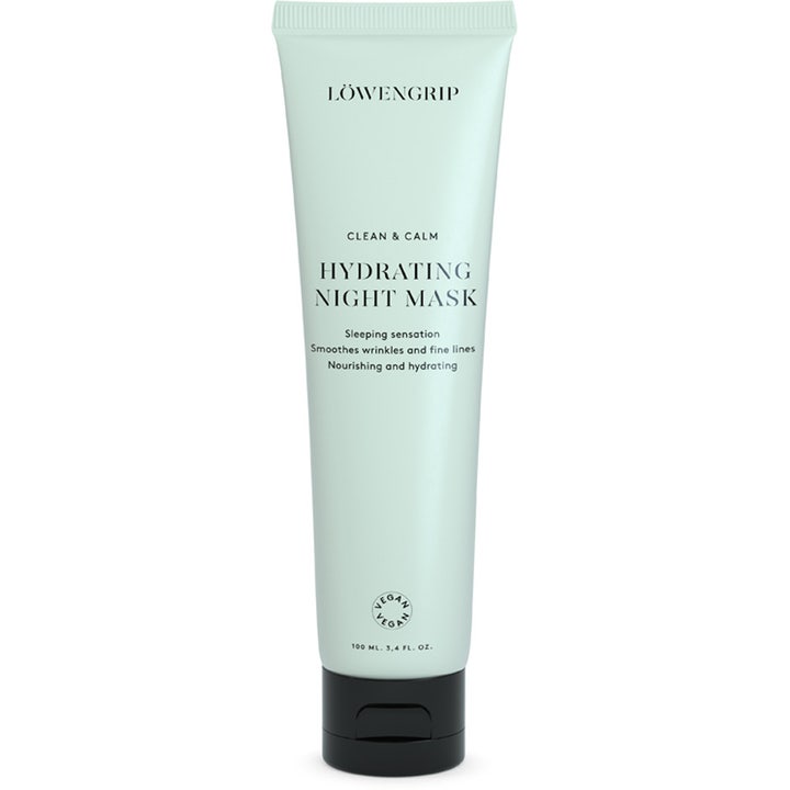 Löwengrip Clean & Calm Hydrating Night Mask 100 ml återfuktande ansiktsmask i ljusgrön tub med svart lock