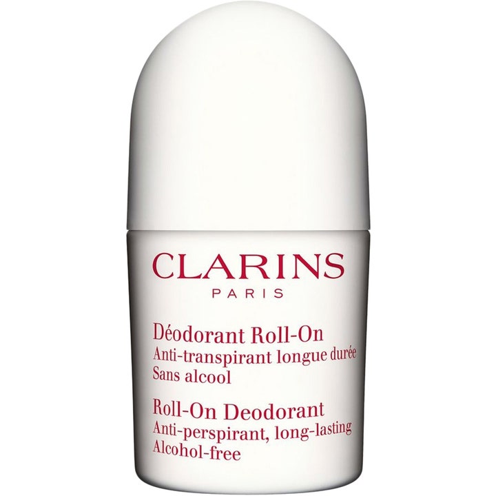 Clarins Roll-On Deodorant 50ml alkoholfri deodorant ger långvarigt skydd i vit plastflaska med röd text och rundat lock.