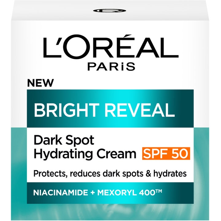 L'Oréal Paris Bright Reveal 50 ml återfuktande dagkräm mot mörka fläckar med SPF 50 i turkos och vit förpackning.