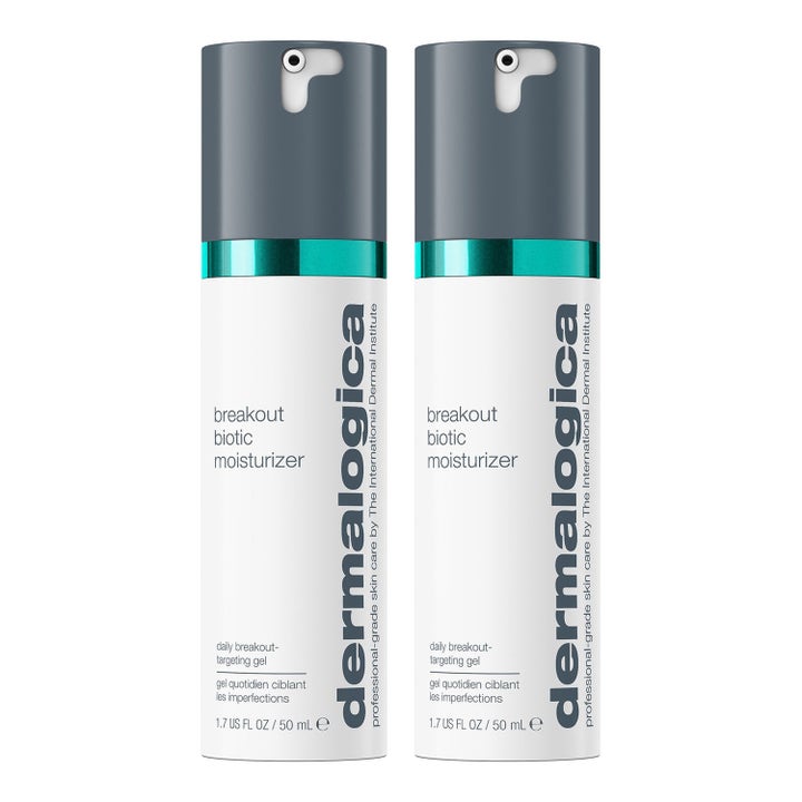 Dermalogica Breakout Biotic Moisturizer 50 ml balanserande ansiktsgel mot orenheter i två vita flaskor med grå pump