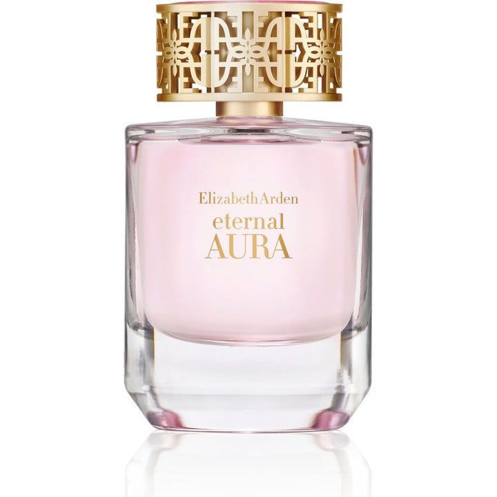 Elizabeth Arden Eternal Aura 50 ml eau de parfum dam i en glasflaska med rosa vätska och ett utskuret guldfärgat lock
