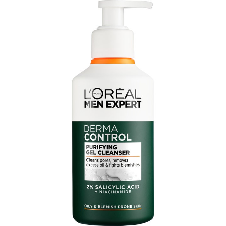L'Oréal Men Expert Derma Control Purifying Gel Cleanser ansiktstvätt mot orenheter i vit och mörkgrön pumpflaska