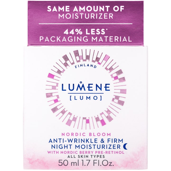 Lumene Nordic Bloom 50 ml nattkräm i vit och lila pappersbox som verkar som rynkkräm med nordiskt bär-pre-retinol.