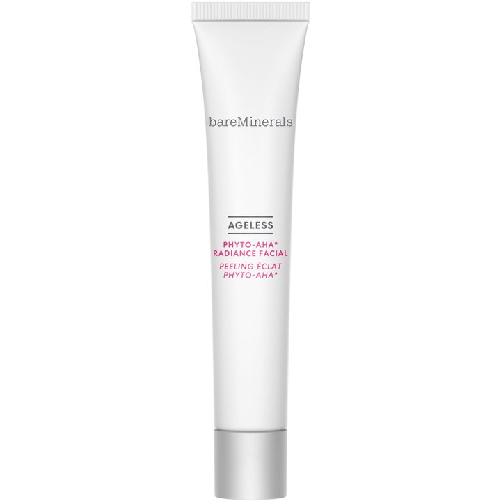 bareMinerals Ageless Phyto-AHA Radiance Facial kemisk peeling AHA för hudjämning i vit tub med silverfärgad kork.