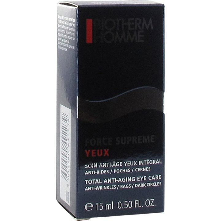 Biotherm Homme Force Supreme Yeux 15 ml anti-rynk ögonkräm män i mörkblå ytterförpackning med vit text.