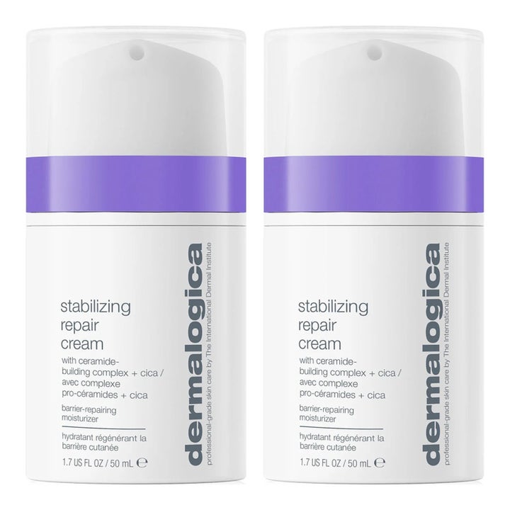 Dermalogica Stabilizing Repair Cream 50 ml lugnande ansiktskräm med cica i två vita pumpflaskor med lila detaljer