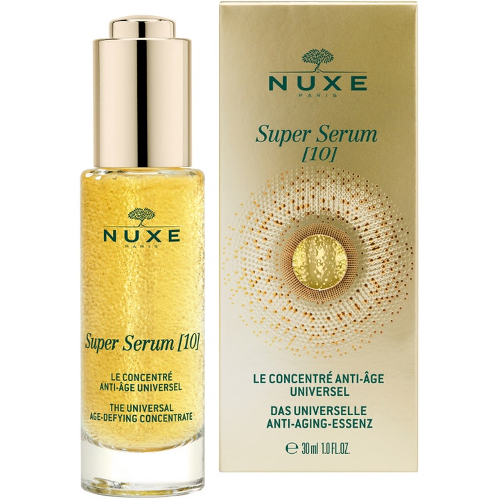 Nuxe Paris Super Serum 30 ml anti-rynk serum i glasflaska med guldlock bredvid matchande guldfärgad ask