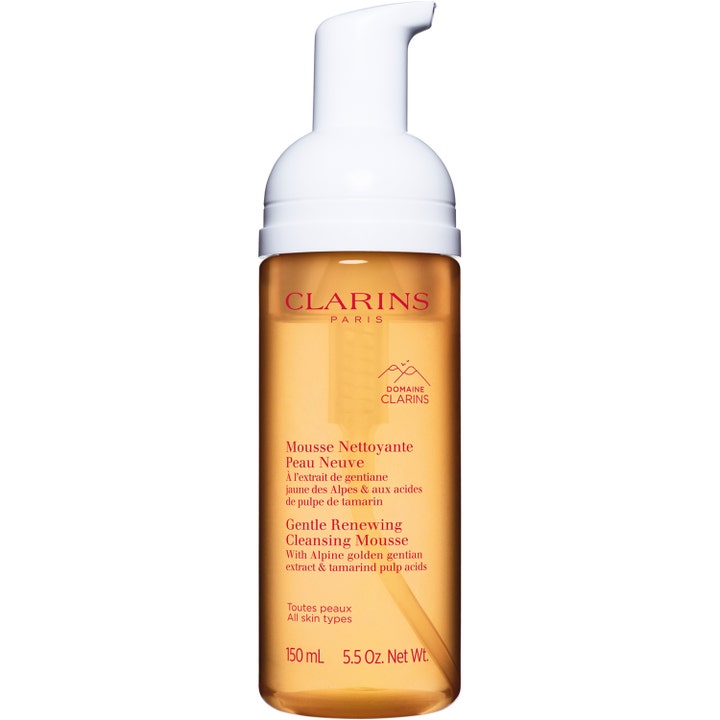Clarins Gentle Renewing Cleansing Mousse 150 ml rengöringsmousse ger lyster i bärnstensfärgad flaska med vit pump.