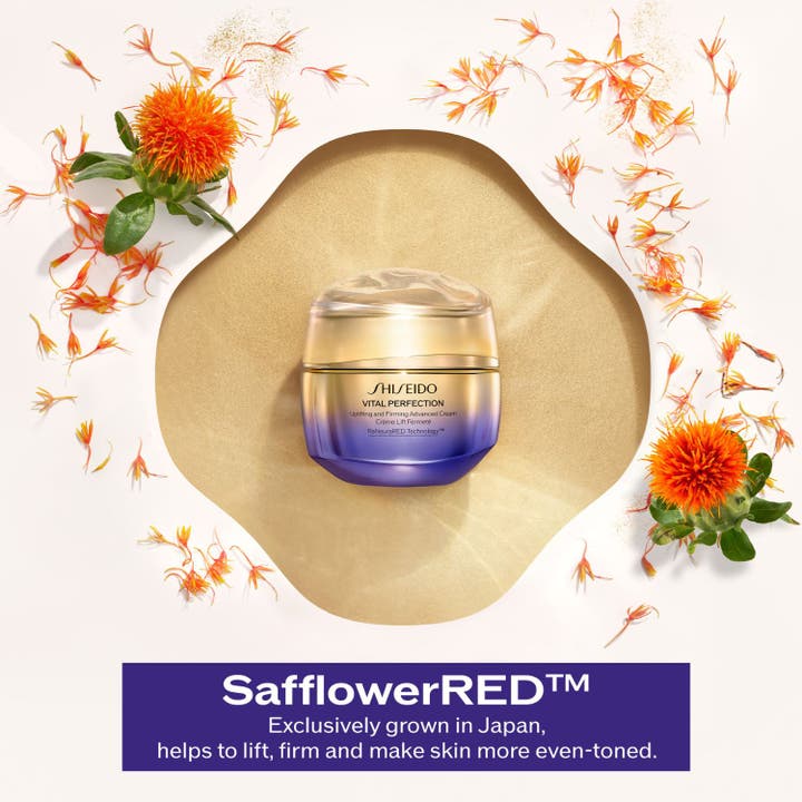 Shiseido Vital Perfection Advanced Day Cream 50 ml lyftande ansiktskräm i guld-lila burk med SafflowerRED.