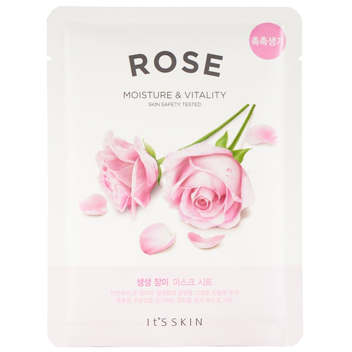 It's Skin Rose Moisture & Vitality 1 st hydraterande koreansk sheet mask i vit förpackning med vackra rosa rosor