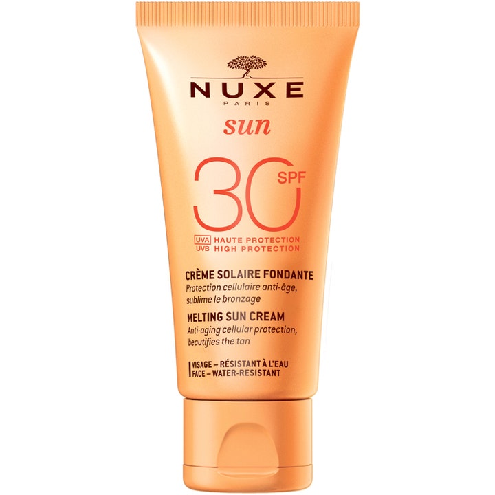 Nuxe Sun Melting Sun Cream nuxe spf30 är ett Nuxe antiaging solskydd i persikofärgad tub och krämig solkräm för ansiktet
