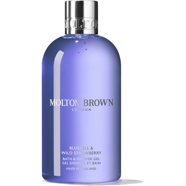 Molton Brown Bluebell & Wild Strawberry 300 ml duschtvål med blommig doft i lila flaska med silverkork