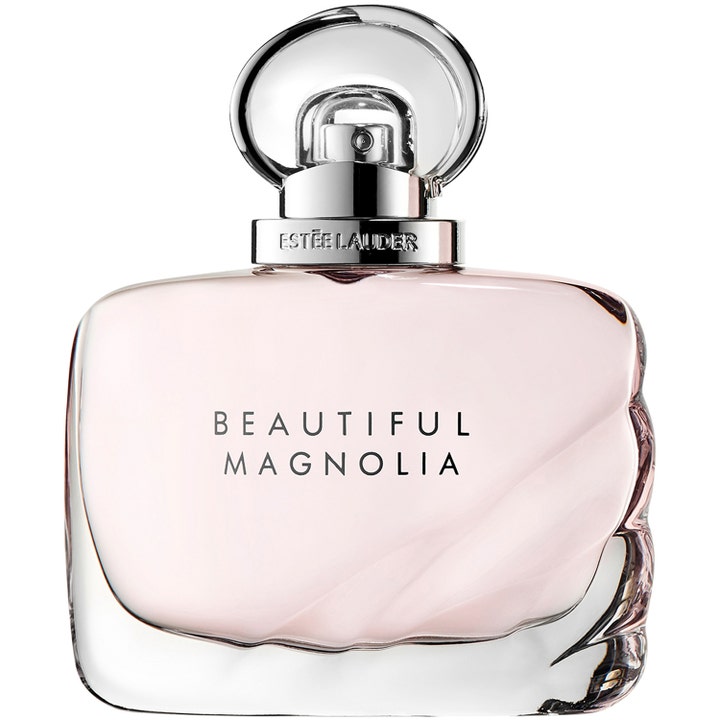 Estée Lauder Beautiful Magnolia 30 ml blommig parfym i en vågig glasflaska med ljusrosa vätska och silverlock