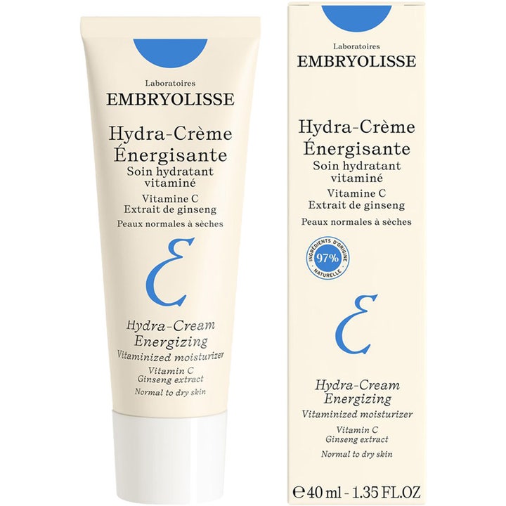 Embryolisse Hydra-Cream Energizing 40 ml återfuktande ansiktskräm med vitamin C och ginseng i vit tub och kartong.