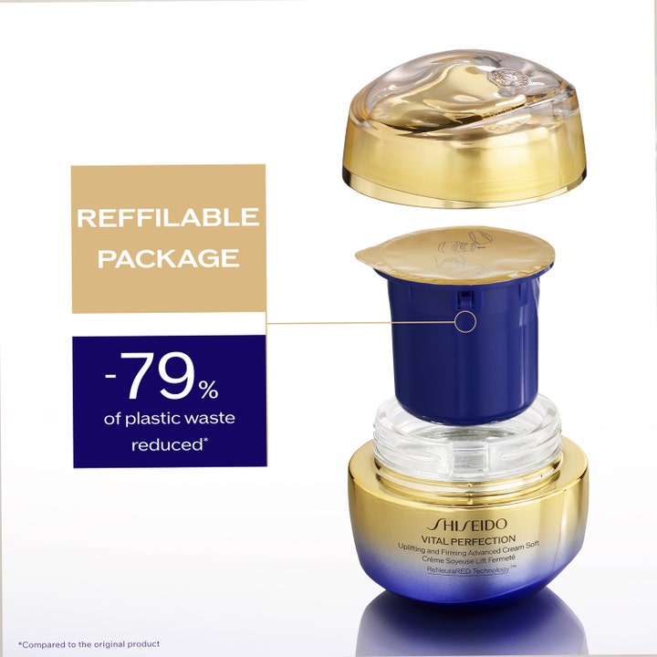 Shiseido Vital Perfection Uplifting & Firming Advanced Soft Cream 50 ml i påfyllningsbar burk som minskar plastavfall.