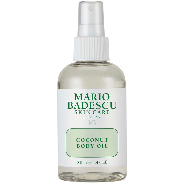 Mario Badescu Coconut Body Oil 147 ml fuktgivande kroppsolja för torr hud i genomskinlig sprayflaska med vit etikett