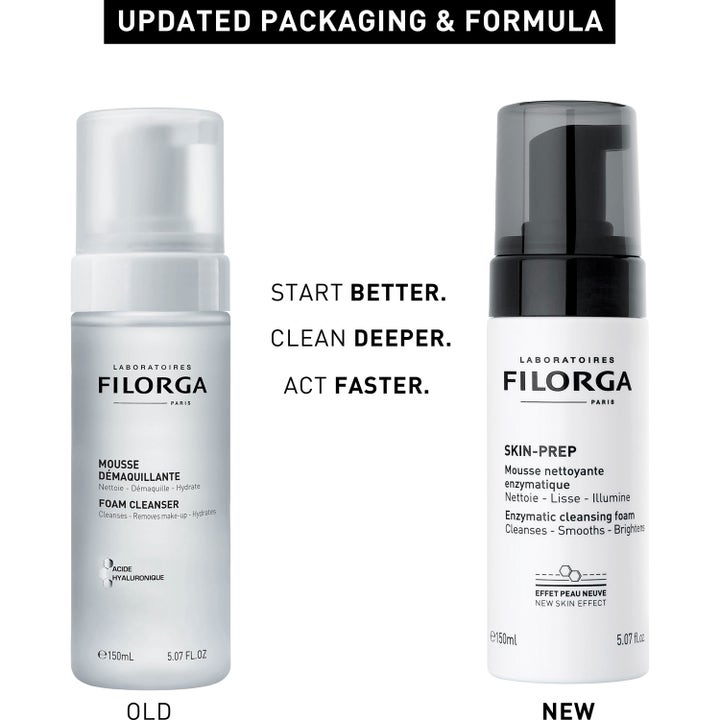 Filorga Skin-Prep Enzymatic Cleansing Foam 150 ml enzymrengöring ansikte i ny vit flaska med svart pump bredvid den gamla
