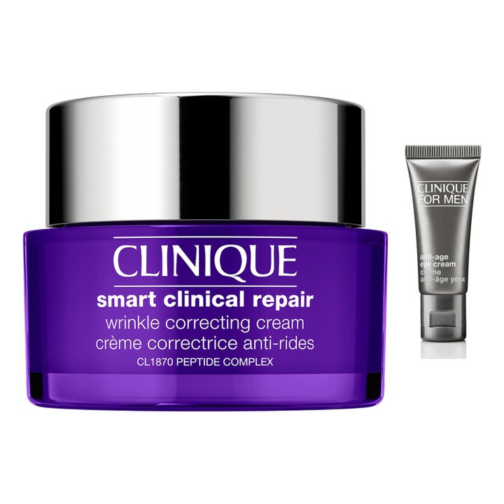 Clinique Smart Clinical Repair rynkkorrigerande ansiktskräm i lila burk och Clinique For Men anti-age ögonkräm i grå tub.