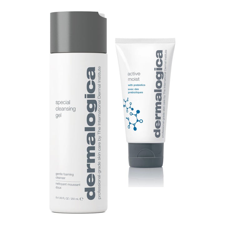Dermalogica Special Cleansing Gel och Active Moist fuktgivande ansiktskräm i vit flaska och tub med gråa lock.