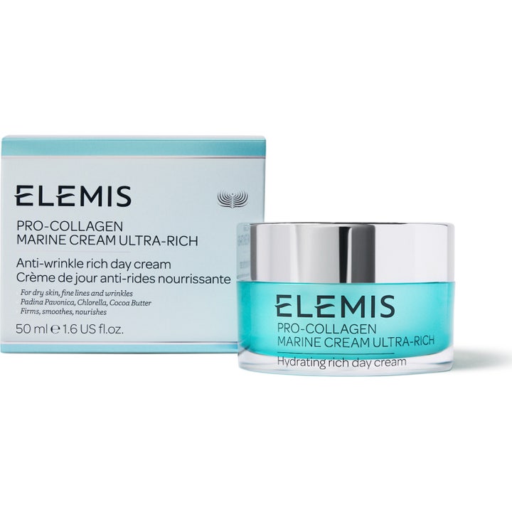 Elemis Pro-Collagen Marine Cream Ultra Rich 50 ml anti age ansiktskräm för torr hud i ljusblå burk och ytterkartong.