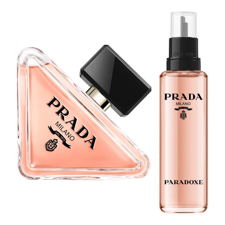 Prada Paradoxe EdP 130 ml designerparfym med trekantig flaska och refill med rosa vätska och svarta korkar