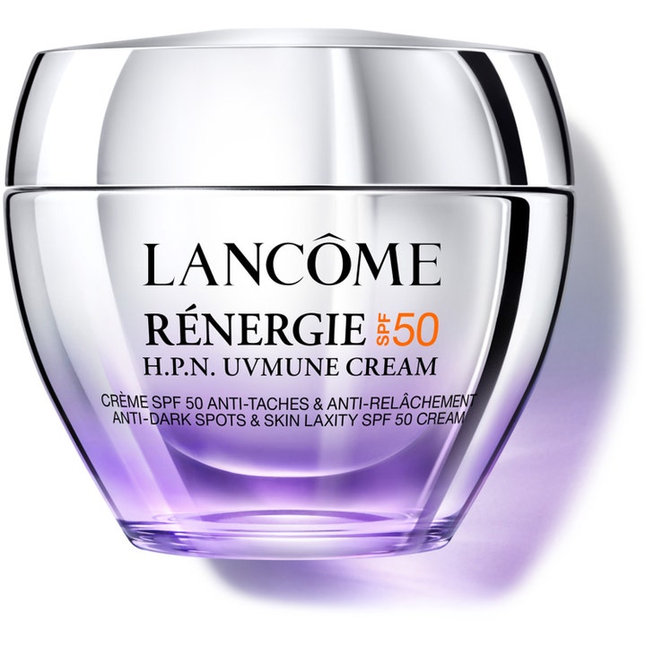 Lancôme Rénergie H.P.N. UVMUNE Cream anti ageing dagkräm spf50 i en elegant silverfärgad burk med lila botten.