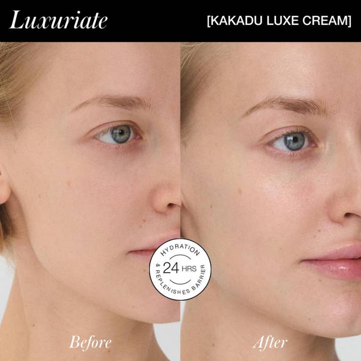 RMS Beauty Kakadu Luxe Cream 50 ml lyx ansiktskräm före och efter resultat som visar 24 timmars återfuktning av huden
