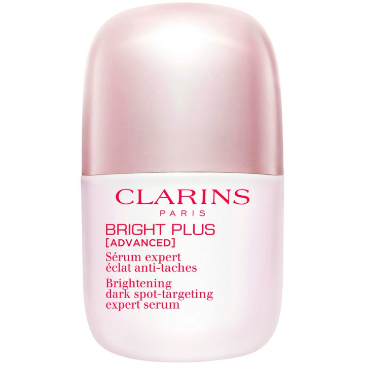 Clarins Bright Plus Advanced 50 ml lystergivande serum mot mörka fläckar i en rundad ljusrosa flaska