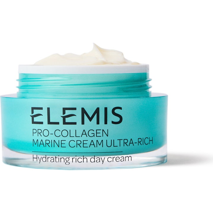 Elemis Pro-Collagen Marine Cream Ultra-Rich anti age ansiktskräm för torr hud i en turkos glasburk med fyllig vit textur.