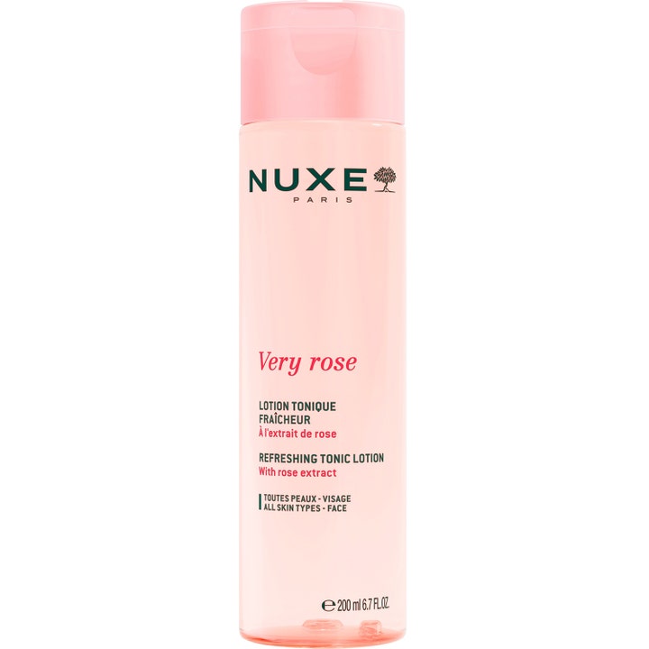 Nuxe Very Rose Refreshing Tonic Lotion 200 ml är en lugnande Nuxe rosextrakt toner i en rosa genomskinlig flaska.