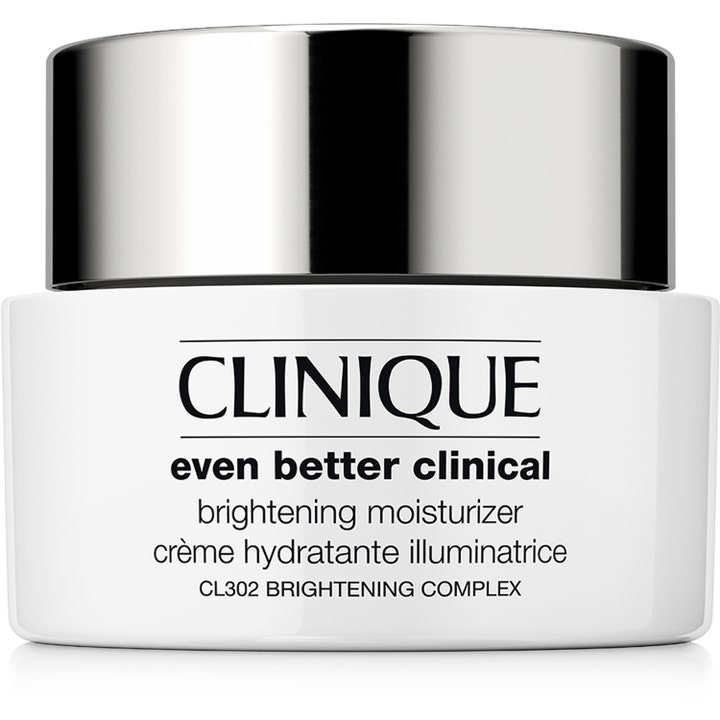 Clinique Even Better Clinical Brightening Moisturizer clinique ansiktskräm för jämnare hudton i vit burk med silverlock.