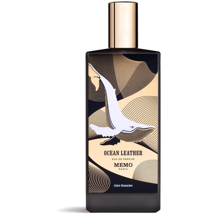 Memo Paris Ocean Leather 75 ml parfym i stilren mörk flaska med guldkork och vitt valmotiv