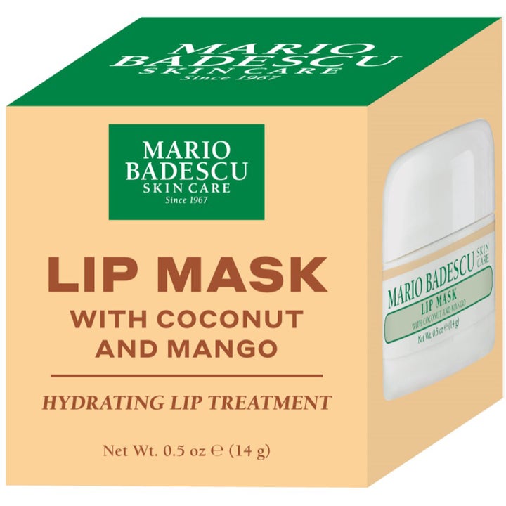 Mario Badescu Lip Mask Coconut & Mango 14 ml återfuktande läppmask i fyrkantig beige och grön ytterförpackning