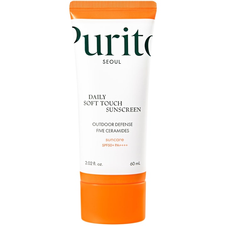 Purito Seoul Daily Soft Touch Sunscreen 60 ml daglig solkräm ansikte med ceramider hudvård i vit tub med orange lock