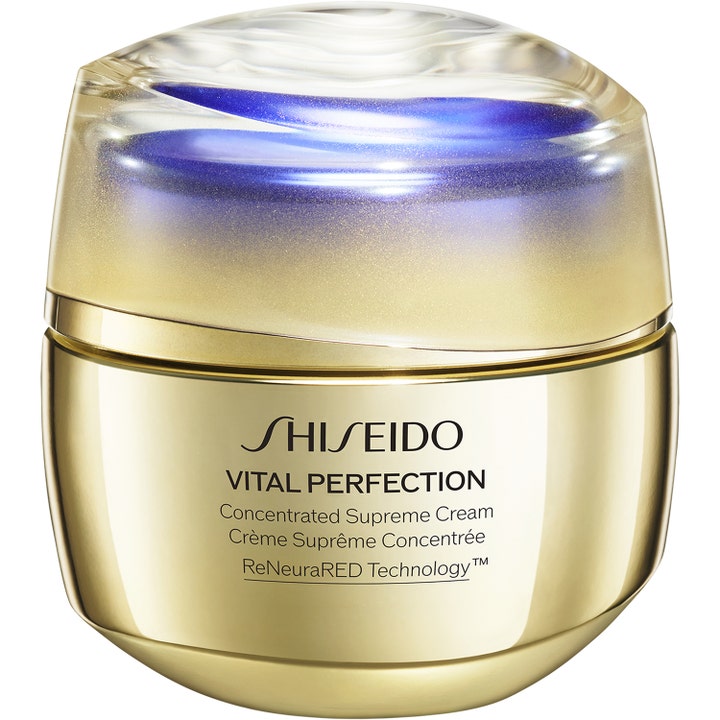 Shiseido Vital Perfection Concentrated Supreme Cream lyftande ansiktskräm i guldglänsande burk med skimrande blått lock