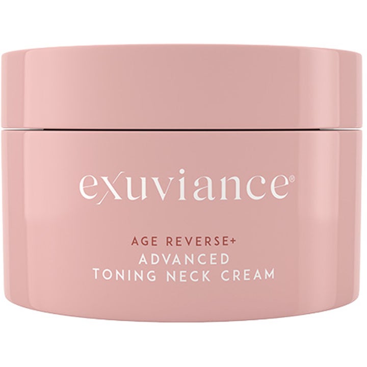 Exuviance Age Reverse+ Advanced Toning Neck Cream uppstramande halskräm för antiaging i en ljusrosa burk