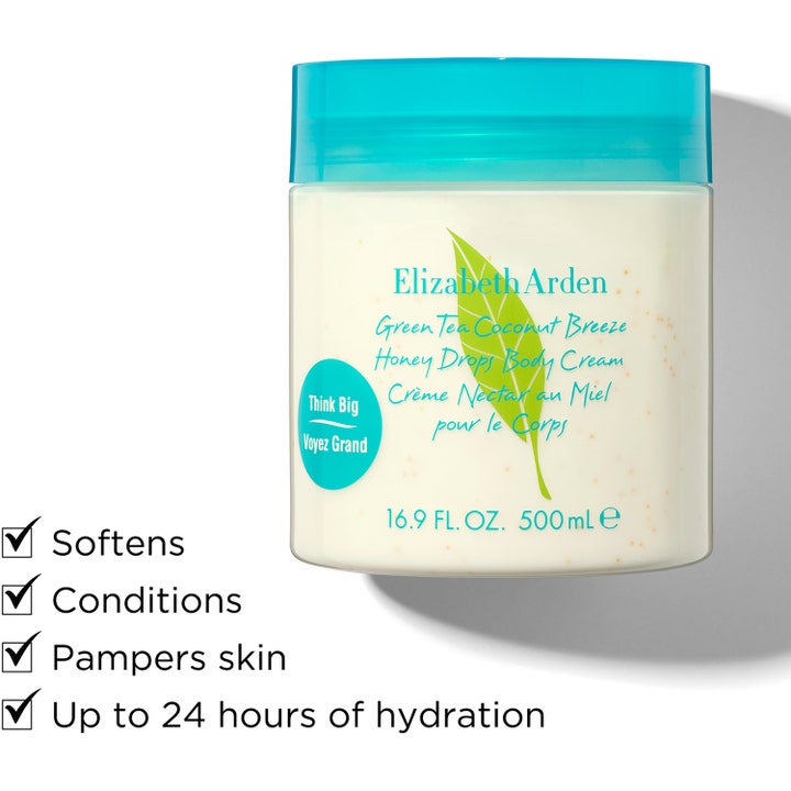 Elizabeth Arden Green Tea Coconut Breeze 500 ml doftande återfuktande kroppskräm i burk med turkost lock.