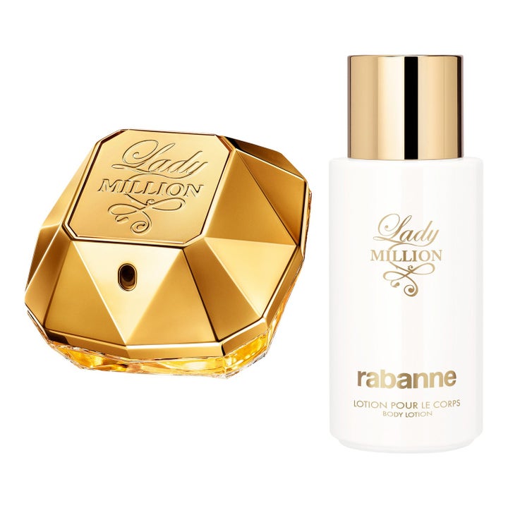 Rabanne Lady Million Set 50ml och 200ml parfymset med diamantformad guldflaska och vit återfuktande body lotion