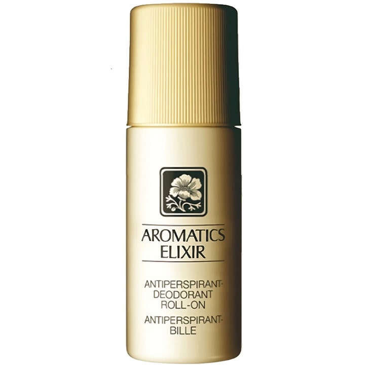 Clinique Aromatics Elixir deodorant 75 ml roll on damdeodorant i en stilren beige flaska med ett räfflat guldfärgat lock.