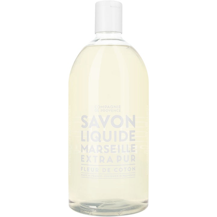 Compagnie de Provence Marseille flytande tvål refill bomull 1000ml sulfatfri rengöring i en klar plastflaska.