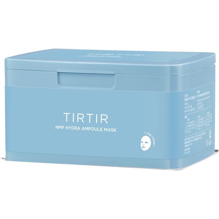 TIRTIR Nmf Hydro Ampoule Mask 350 g återfuktande ansiktsmask i en ljusblå rektangulär plastbox som ger huden fukt.
