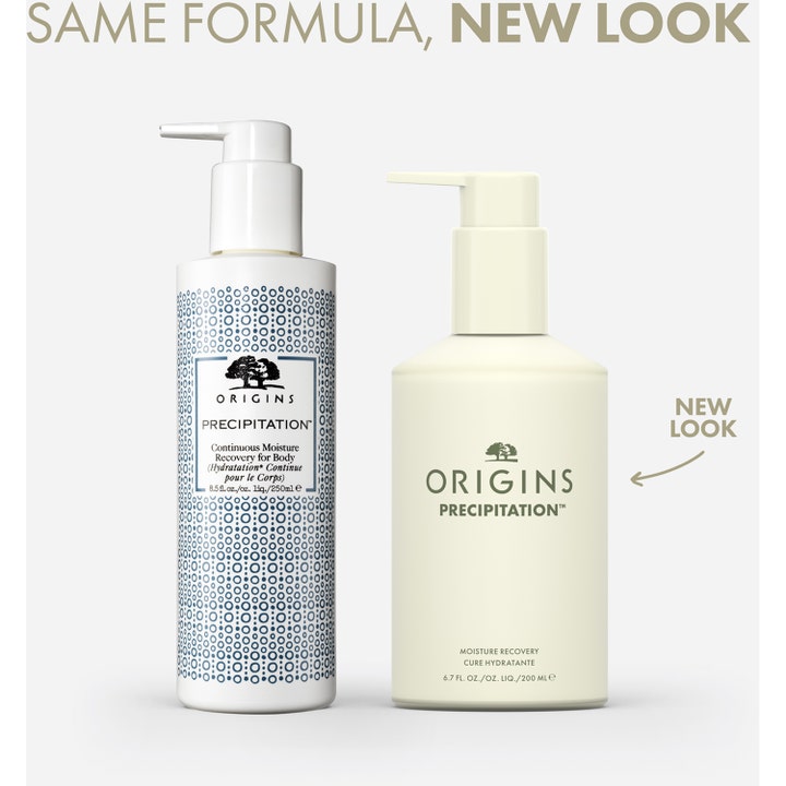Origins Precipitation Moisture Recovery 200 ml fuktgivande lotion i ny stilren beige pumpflaska med texten New Look.