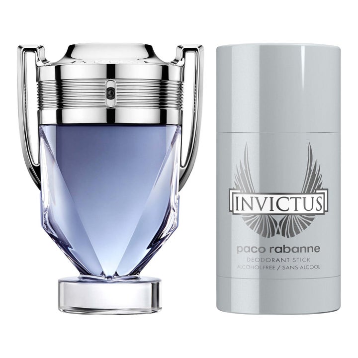 Rabanne Invictus Set EdT 100ml och 75g invictus gift set med pokalformad glasflaska och grått deostick