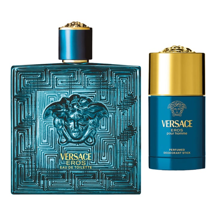 Versace Eros Set 275 ml herrparfym med turkos glasflaska och deostick prydda med guldiga detaljer och Medusa-logga